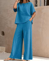 Josy – Set Aus Kurzärmeliger Bluse Und Hose mit Weitem Bein in Blau