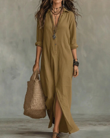 Agnes – Langes Leinen-Optik Kleid in Khaki