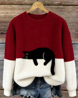 Aiste - Lässiger Pullover Mit Katzenmotiv in Rot