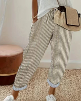 Nathalie | Damen Gestreifte Weite Hose in Khaki