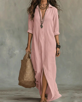 Agnes – Langes Leinen-Optik Kleid in Rosa