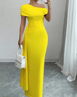 Lisete - Elegantes Ein-Schulter-Ausschnitt  Maxikleid in Gelb