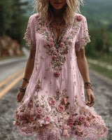 Ruby – Blossom bestickte V-Ausschnitt Kleid in Rosa