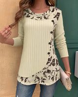 Lucynda – Geripptes Langarm Oberteil mit Print und Knopfdetails in Aprikose