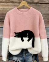 Aiste - Lässiger Pullover Mit Katzenmotiv in Rosa