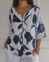 Elara - Botanische V-Ausschnitt Bluse in Weiß