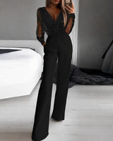 Catherina - Damen-Jumpsuit mit V-Ausschnitt und Glanzeffekt in Schwarz