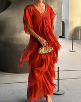 Riza - Elegant geschnittenes Plisseekleid in Orange