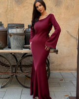 Adelgunde | Damen Langarm Maxikleid mit eleganter Silhouette in Burgunder