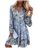 Adelheid | Damen Blumenmuster V-Ausschnitt Langarm Midi Kleid in Blau
