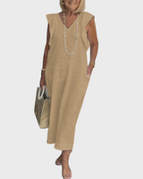 Adelina | Damen Ärmellos V-Ausschnitt Maxi Kleid in Khaki