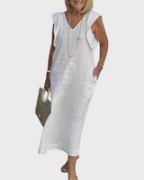 Adelina | Damen Ärmellos V-Ausschnitt Maxi Kleid in Weiß