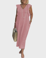 Adelina | Damen Ärmellos V-Ausschnitt Maxi Kleid in Rosa