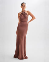 Adrianna | Damen Maxi-Halterkleid Fließend Elegant in Braun