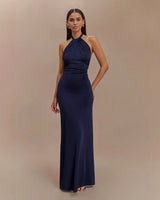 Adrianna | Damen Maxi-Halterkleid Fließend Elegant in Dunkelblau