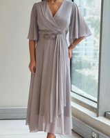 Bhagya - Elegantes langes Chiffon Kleid Mit V-Ausschnitt in Grau