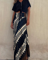 Aglaiya Damen Maxirock mit geometrischem Print und Bund in Schwarz