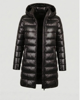 Aileen | Damen Steppjacke mit Kapuze, Reißverschluss und langer Silhouette in Schwarz