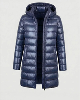 Aileen | Damen Steppjacke mit Kapuze, Reißverschluss und langer Silhouette in Blau