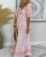 Allegra | Damen Boho Maxikleid Kurze Ärmel in Rosa