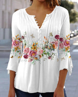 Almut | Damen Langarmbluse Blumenprint V-Ausschnitt in Hellrosa
