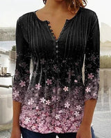 Almut | Damen Langarmbluse Blumenprint V-Ausschnitt in Schwarz
