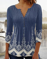 Almut | Damen Langarmbluse Blumenprint V-Ausschnitt in Navy