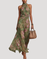 Amadea | Damen Neckholder Blumenkleid Maxikleid in Grün