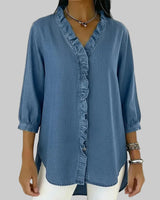 Amalia | Damen Rüschen V-Ausschnitt Bluse in Blau