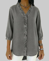 Amalia | Damen Rüschen V-Ausschnitt Bluse in Grau