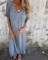 Amber | Damen Midikleid V-Ausschnitt Elegant Natürlich in Grau - Blau