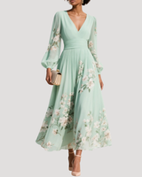 Amelie | Damen Blumenkleid Langarm Midi Kleid in Hellgrün