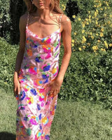 amelie – florales paillettenkleid mit rückenausschnitt & chain-straps in Rosé