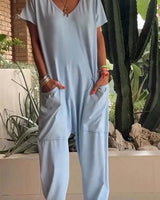 Amira | Damen V Ausschnitt Kurze Ärmel Jumpsuit in Blau
