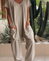 Amira | Damen V Ausschnitt Kurze Ärmel Jumpsuit in Beige