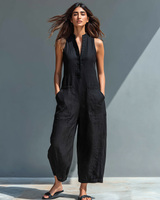 Anastasia | Damen Ärmellos Jumpsuit mit Knopfleiste in Schwarz