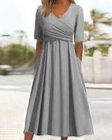 Annabelle | Damen Crossover-Kleid Kurzarm Figurbetont in Grau