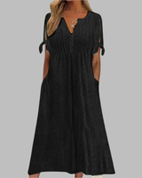 Anneke | Damen Lochstickerei V-Ausschnitt Midikleid in Schwarz