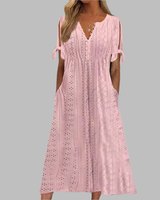 Anneke | Damen Lochstickerei V-Ausschnitt Midikleid in Rosa