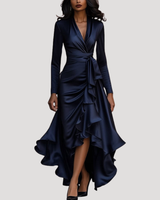 Anneliese | Damen Wickelkleid Langarm Volant Maxikleid in Marineblau