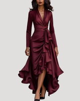 Anneliese | Damen Wickelkleid Langarm Volant Maxikleid in Weinrot