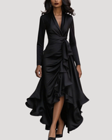 Anneliese | Damen Wickelkleid Langarm Volant Maxikleid in Schwarz