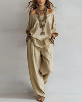 Annika | Damen Off Shoulder Zweiteiler Set in Khaki
