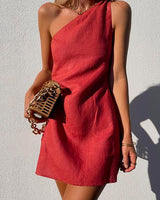 Annika | Damen One-Shoulder Minikleid Ärmellos in Rot