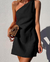 Annika | Damen One-Shoulder Minikleid Ärmellos in Schwarz