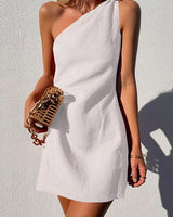 Annika | Damen One-Shoulder Minikleid Ärmellos in Weiß