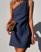 Annika | Damen One-Shoulder Minikleid Ärmellos in Dunkel Blau