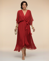 Annika | Damen V-Ausschnitt Wickelkleid Midi in Rot