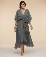 Annika | Damen V-Ausschnitt Wickelkleid Midi in Grau