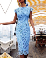 Anouk | Damen Florales Spitzenkleid Midi Tailliert in Blau